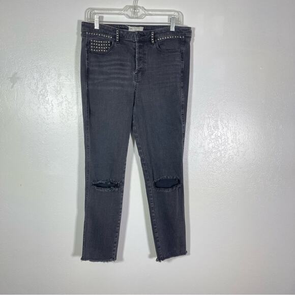 Free People Black Studded Jeans Distressed, Raw Hem Size 31. Excellent condition - Picture 1 of 8